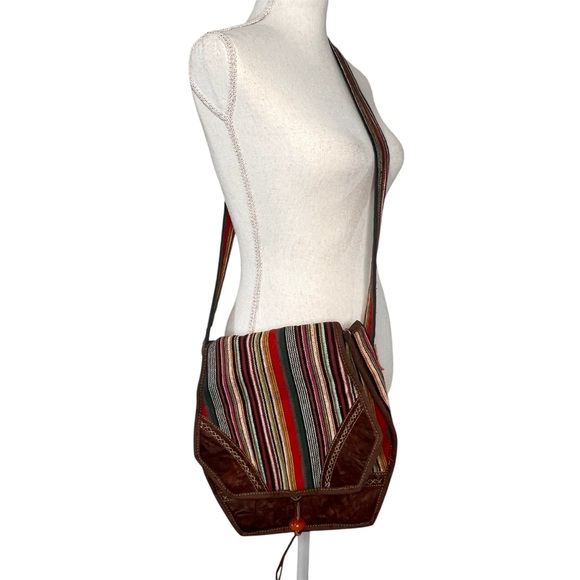 Handbags - Bohemian Striped Gheri Textile Woven Crossbody Bag Bead Toggle Festival Hippie